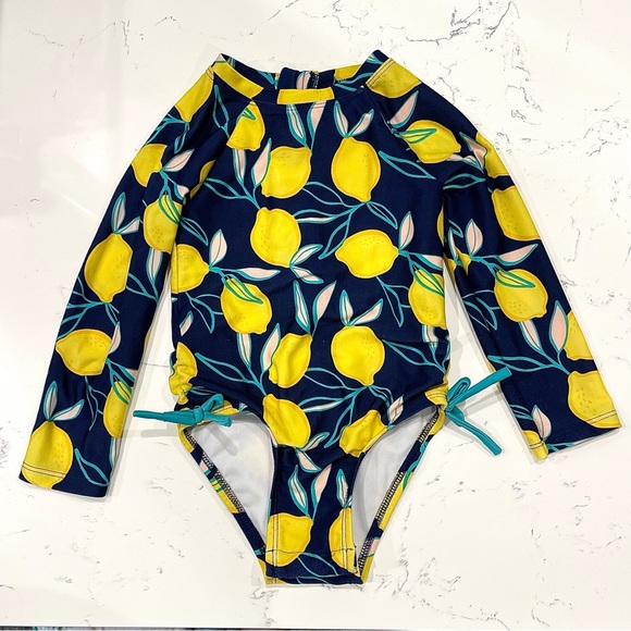 CAT & JACK 🍋 Girls’ Lemon Print Long Sleeved One Piece Rashguard Swimsuit | 2T - Picture 2 of 11